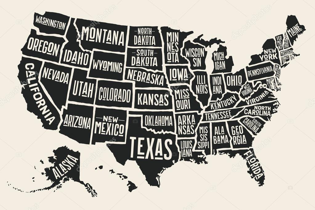 Poster map United States of America with state names