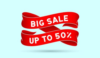 Büyük indirim% 50 'ye çıktı. % 50 'ye kadar indirimli kırmızı kurdele. Kurdeleli kırmızı vintage pankart, grafik tasarım. Son satış için eski usul, indirim. Vektör İllüstrasyonu