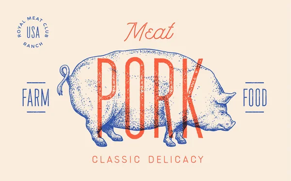 Pork Pig Template Label Vintage Retro Print Tag Label Pig — Stock Vector