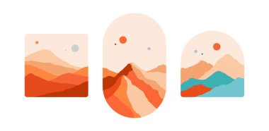 Dağ. Soyut manzara dağları, gökyüzü, günbatımı manzarası. Minimalist stil manzara seti, dağ, tepe, güneş. Soyut tarz manzara, çağdaş sanat baskısı. Vektör Resimleri