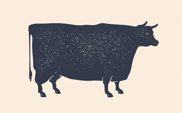 牛や牛のシルエット 黒と白の孤立牛や牛のシルエット 肉ビジネス レストランメニューのためのヴィンテージレトロプリント ブッチリー用のロゴ サイン牛や牛 ベクターイラスト — ストックベクタ