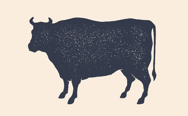 牛や牛のシルエット 黒と白の孤立牛や牛のシルエット 肉ビジネス レストランメニューのためのヴィンテージレトロプリント ブッチリー用のロゴ サイン牛や牛 ベクターイラスト — ストックベクタ