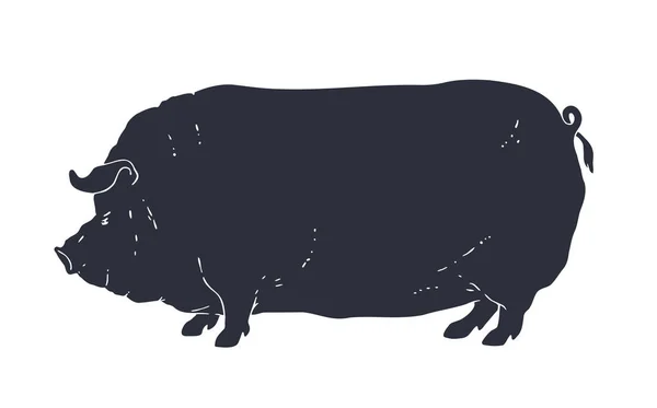 ヴィンテージロゴ 肉屋のためのレトロなプリント 豚のシルエット 食肉事業のロゴテンプレート 白い背景に隔離された黒いシルエットの豚 ベクターイラスト — ストックベクタ
