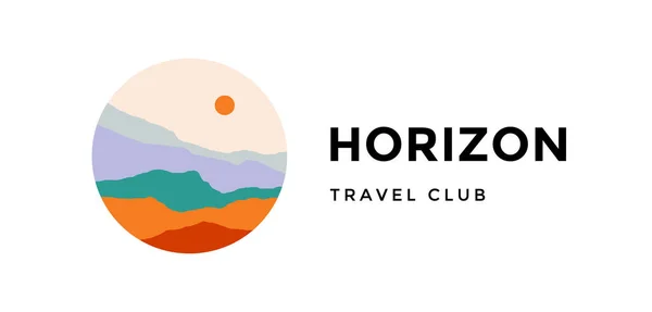 ロゴタイプ サイン ホライズン旅行クラブ 抽象的な風景山 空と夕日の景色をロゴ ミニマリストスタイルの風景 丘や太陽 抽象的なスタイル ベクターイラスト — ストックベクタ