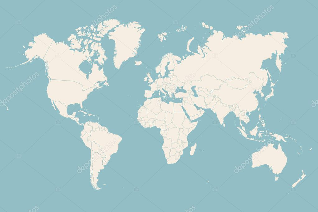 World map. Poster of world, earth map with countries, isolated silhouettes of countries on blue background. White and gray blue color hand-drawn poster world map. Vector Illustration
