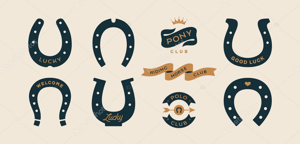 Lucky horseshoe. Set of horseshoes, graphic and lucky symbols. Design elements, set drawing, vintage hipster style. Horseshoe, typography, ribbon and good luck fortune sign. Vector Illustration