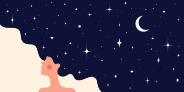 Rüya evreni kadın figürünün içinden akar, saçlarında kozmik gece gökyüzü olan bir kız. Kadın hayal gücü parlar, düz stili olan kız, evren rüyası kadın kozmosunu sarar. Vektör İllüstrasyonu