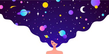 Rüya evreni kadın figürünün içinden akar, saçlarında kozmik gece gökyüzü olan bir kız. Kadın hayal gücü parlar, düz stili olan kız, evren rüyası kadın kozmosunu sarar. Vektör İllüstrasyonu