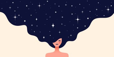 Rüya evreni kadın figürünün içinden akar, saçlarında kozmik gece gökyüzü olan bir kız. Kadın hayal gücü parlar, düz stili olan kız, evren rüyası kadın kozmosunu sarar. Vektör İllüstrasyonu