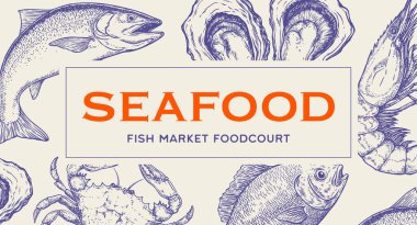 Kart, deniz ürünleri etiketi, etiket, sembol çizimi. Antika baskı, deniz ürünleri taslağı, deniz hayatı, mürekkep kalem stili eski okul çizimi, el çizimi. Deniz ürünleri çizimi. Vektör İllüstrasyonu