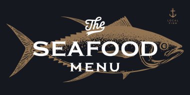 Çipura, balık, Dorado, deniz ürünleri, skeç. Eski model baskı, deniz ürünleri eskizi, logo işareti şablonu, mürekkep kalem çizimi, eski usul oyma. El çizimi balık. Vektör İllüstrasyonu