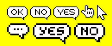 Piksel resim konuşma balonu seti, modaya uygun retro oyun tasarımı. Evet, hayır, tamam. Yaratıcı piksel sanat paketi, konuşma balonu mesajı. Profesyonel piksel sanat arayüzü, konuşma balonu ikonu. Vektör İllüstrasyonu