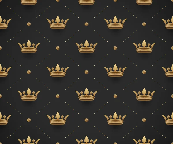 Seamless gold pattern with king crowns on a dark black background. Vector Illustration. — Stock Vector