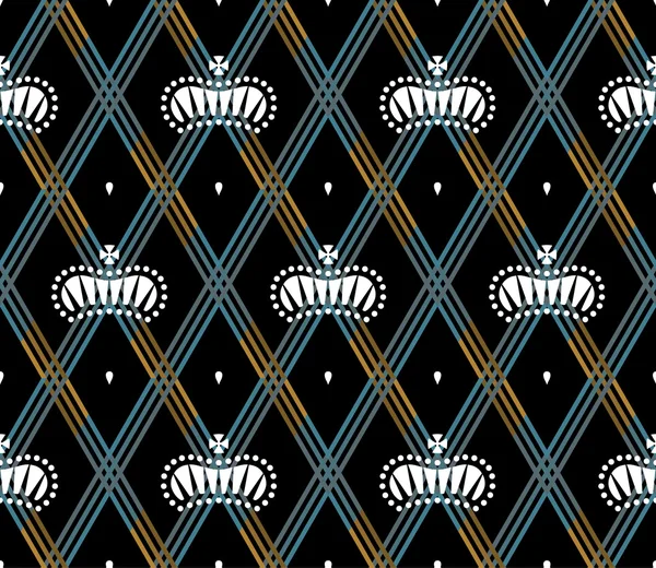 Seamless pattern with white king crowns on a dark black background and gold stripes. Vector Illustration. — Stock Vector