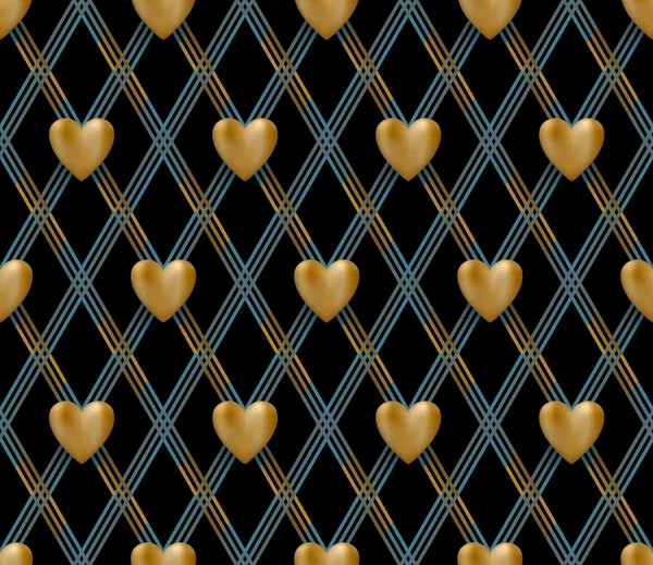 Varrat nélküli mintát a arany szív egy fekete háttér, a Valentin-nap. Vektoros illusztráció. — Stock Vector