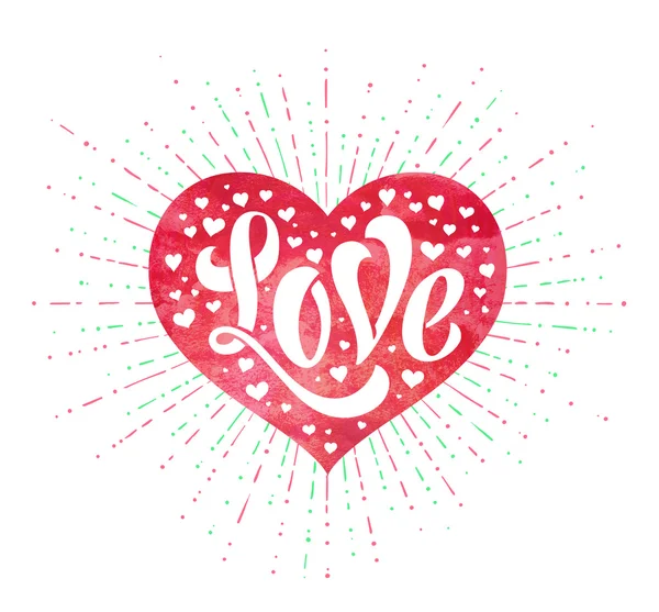 Lettrage à la main Love in red watercolor heart for greeting card. Calligraphie artisanale. Illustration vectorielle . — Image vectorielle