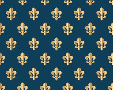 Fleur-de-lys koyu mavi zemin üzerine ile Seamless altın modeli. Vektör çizim.