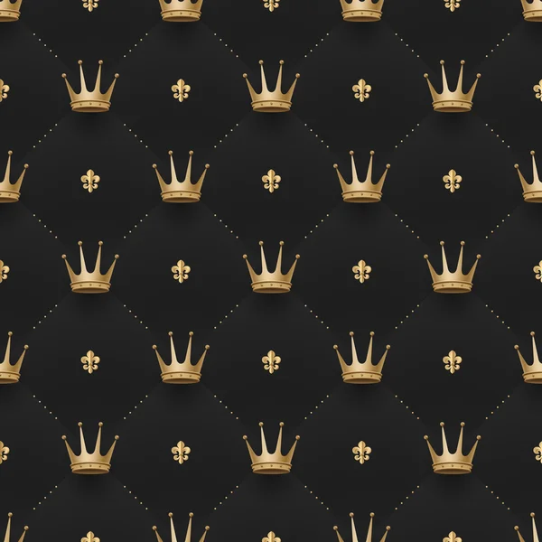 Nahtloses Goldmuster mit Königskronen und Fleur-de-lys auf dunkelschwarzem Hintergrund. Vektorillustration. — Stockvektor