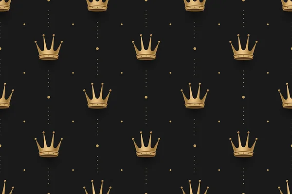 Seamless gold pattern with king crowns on a dark black background. Vector illustration. — Stock Vector