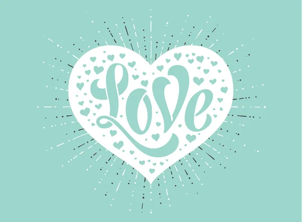 Lettrage à la main Love in white heart sur fond turquoise pour carte de vœux. Calligraphie artisanale. Illustration vectorielle . — Image vectorielle