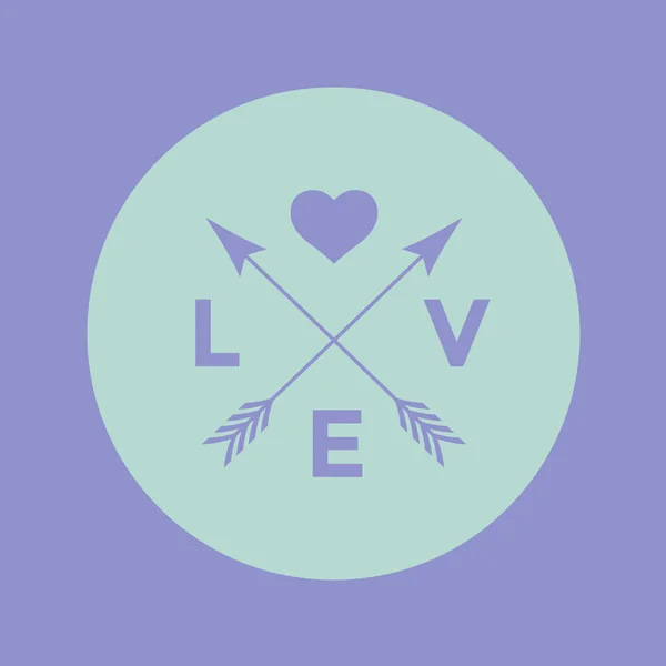 Insignia del logotipo para el proyecto de diseño creativo. Hipster emblema con flecha, corazón y palabra Amor sobre un fondo turquesa y violeta. Ilustración vectorial . — Vector de stock