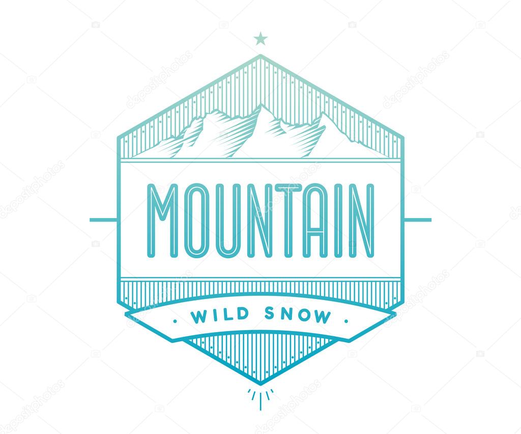 Logo badge for creative design project. Label related to mountain theme - blue mountain on a white background. Vector illustration.