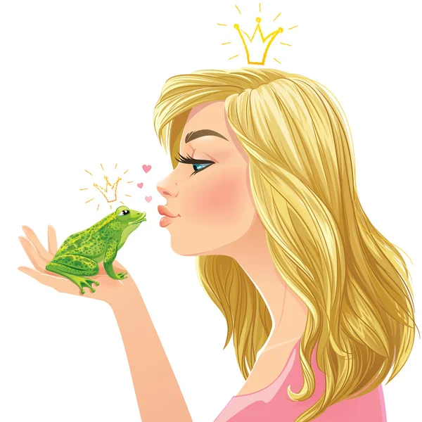 Young beautiful lady kisses a green frog — Stock Vector