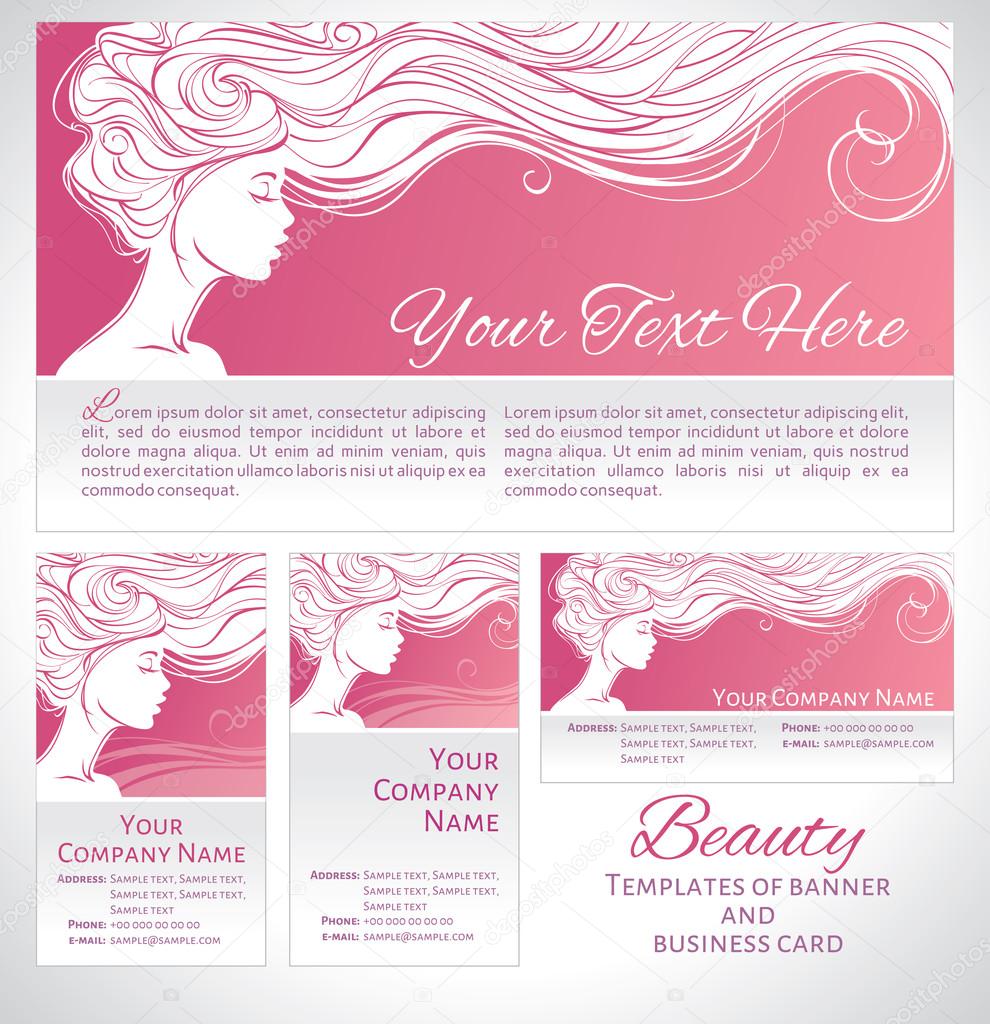 Vector illustration. Beautiful silhouette of long hair woman on pink background. Corporate identity branding template of banner/flyer and business card. Concept design for beauty salons, spa, cosmetics, fashion and beauty industry.
