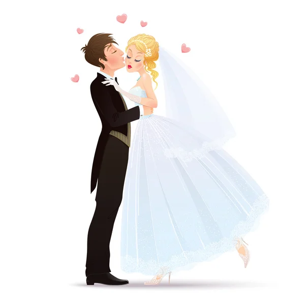 Жених целует свою очаровательную и застенчивую невесту — стоковый вектор