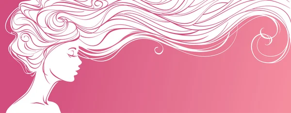 Hermosa silueta de mujer de pelo largo sobre fondo rosa — Vector de stock