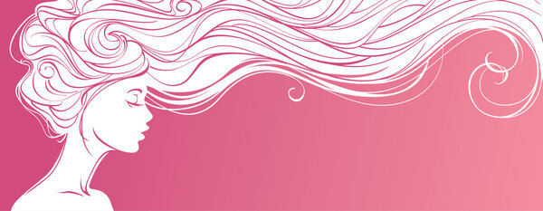 Красивый силуэт длинных волос женщины на розовом фоне
