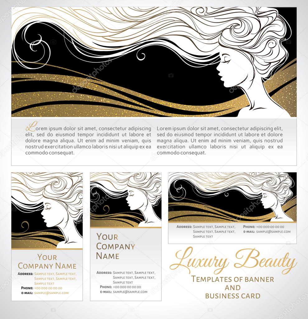 Vector illustration. Beautiful silhouette of long hair woman on black and golden background. Corporate identity branding template of banner/flyer and business card. Concept design for beauty salons, spa, cosmetics, fashion and beauty industry.