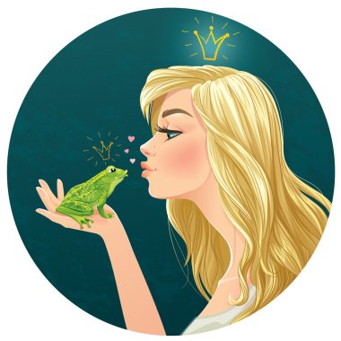 Beautiful young lady kisses a frog