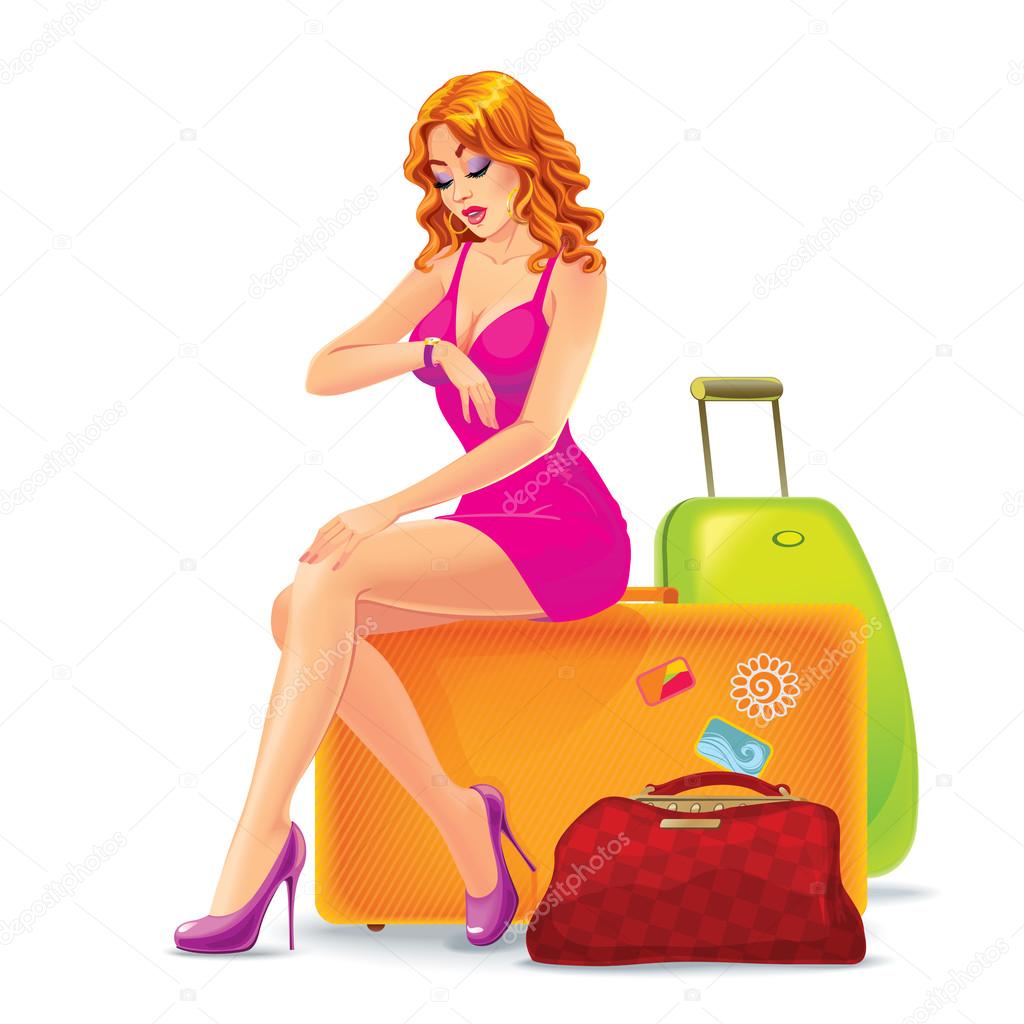 Young woman sitting on a suitcase