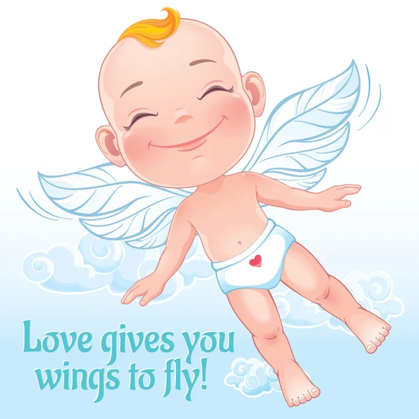 Vectorillustratie met vliegende happy baby cupid — Stockvector