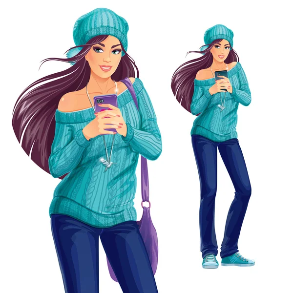 Joyeux jeune femme avec smartphone sur ses mains faisant selfie — Image vectorielle