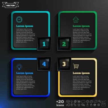 Vector infographic design with colorful squares on the black background