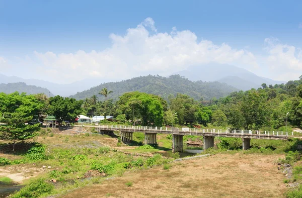 Мост через реку и вид на горы — стоковое фото