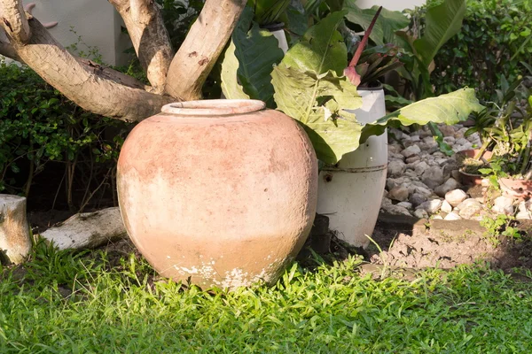 Jarro de barro no jardim jarros tailandeses para armazenamento de água da chuva — Fotografia de Stock