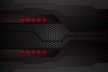 Metal plaka siyah ve kontrastlı kırmızı çizgiler çelik ağ üzerinde. Modern teknoloji tasarım arka planı şablonu. vektör illüstrasyonu