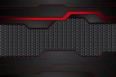 Metal plaka siyah ve kontrastlı kırmızı çizgiler çelik ağ üzerinde. Modern teknoloji tasarım arka planı şablonu. vektör illüstrasyonu