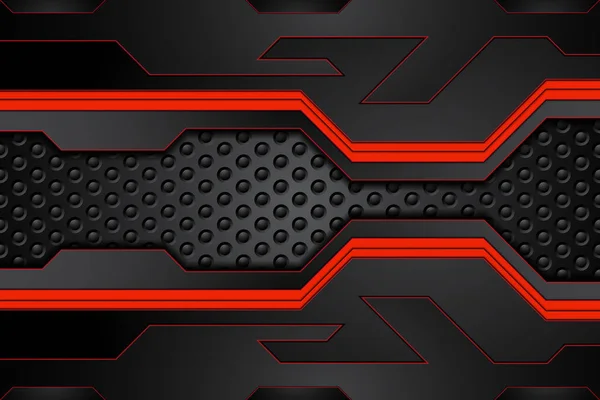 金属板ブラックとスチールメッシュ上のコントラストレッドストライプ 現代のテクノロジーデザインの背景です ベクターイラスト — ストックベクタ