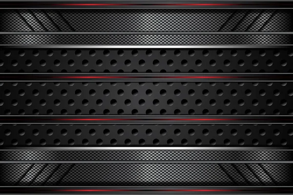 Metal plaka siyah ve kontrastlı kırmızı çizgiler çelik ağ üzerinde. Modern teknoloji tasarım arka planı şablonu. vektör illüstrasyonu