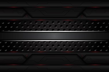 Soyut metal karbon dokusu kontrast kırmızı çizgiler ve metal levha deliğinde çizgi krom modern şablon teknoloji arka planı. vektör illüstrasyonu