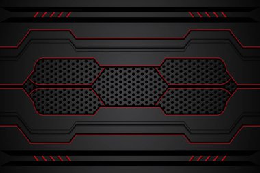 Metal plaka siyah ve kontrastlı kırmızı çizgiler çelik ağ üzerinde. Modern teknoloji tasarım arka planı şablonu. vektör illüstrasyonu