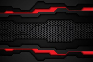 Metal plaka siyah ve kontrastlı kırmızı çizgiler çelik ağ üzerinde. Modern teknoloji tasarım arka planı şablonu. vektör illüstrasyonu