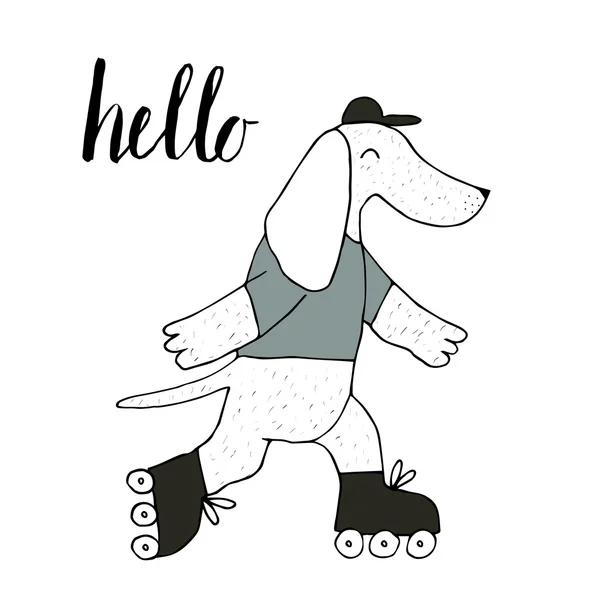 Cartone animato carino cane in pattini a rotelle — Vettoriale Stock