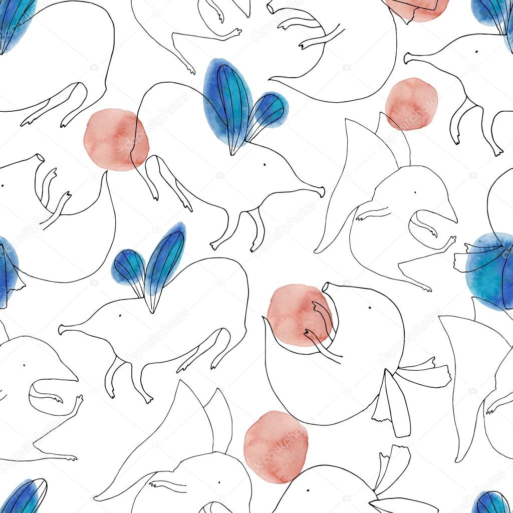 Watercolor cartoon seamless pattern with magic creatures