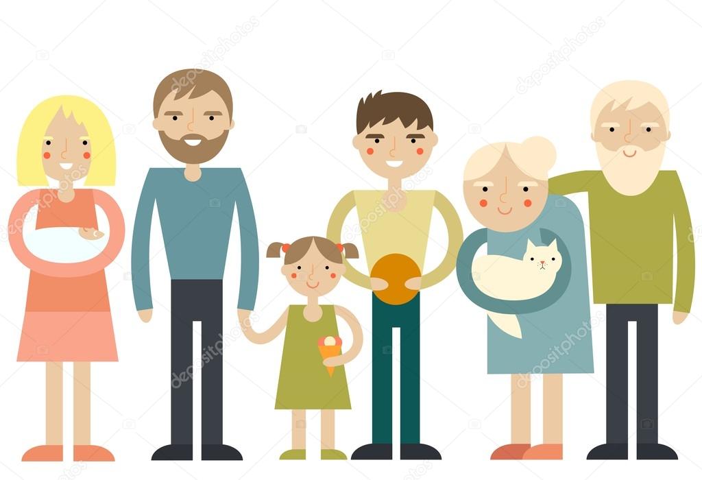 Big happy family portrait. Cartoon characters.