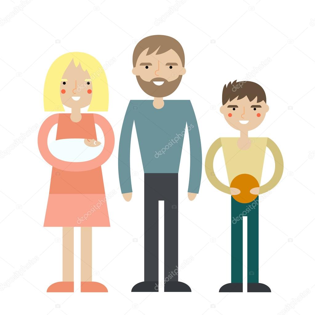 Happy family portrait. Cartoon characters. Isolated on background